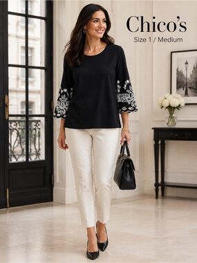 Chico’s Black White Embroidered Bell Sleeve Cotton Top Size 1 Medium